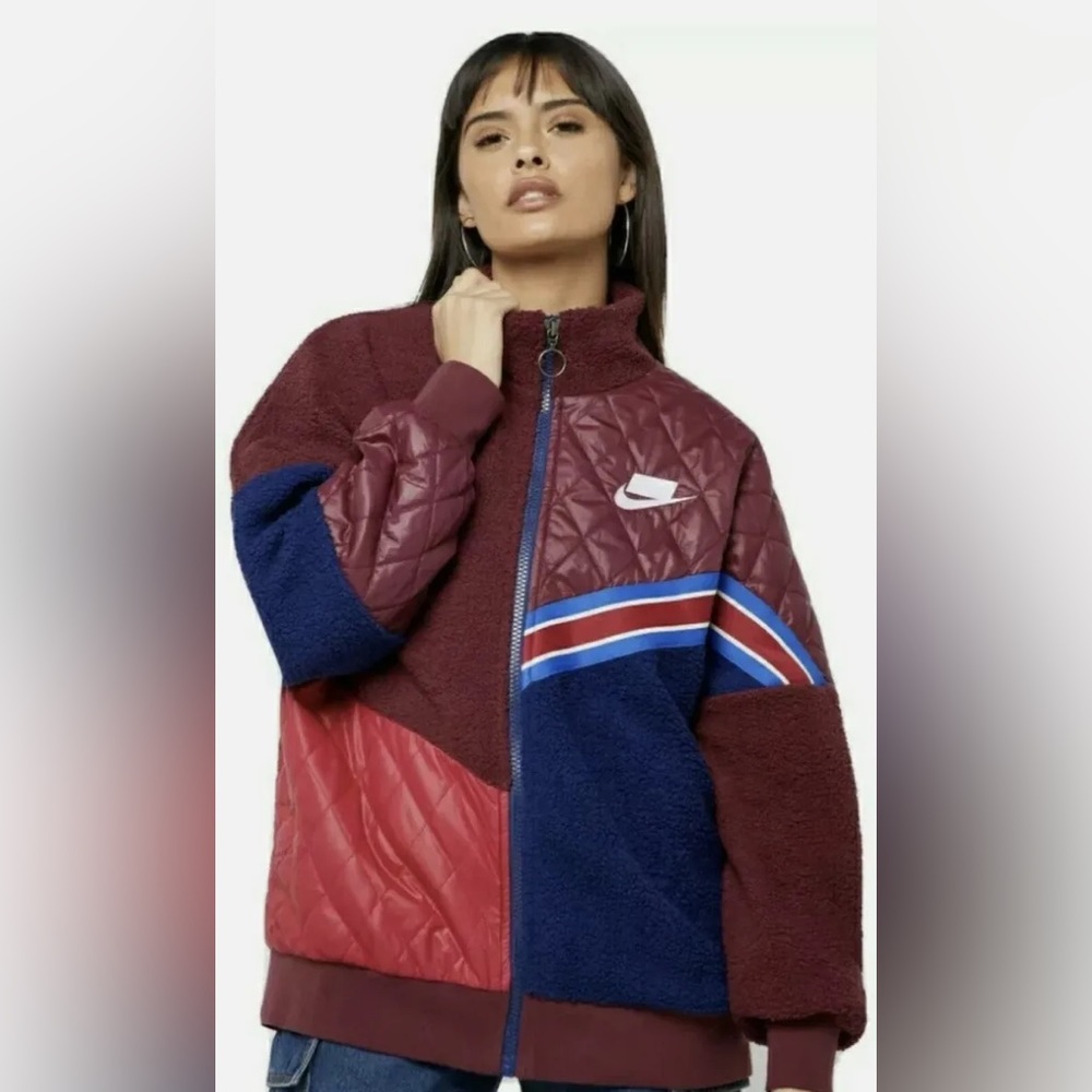 Nike Retro Maroon Sherpa Fleece Quilted Track Jacket Women's XS